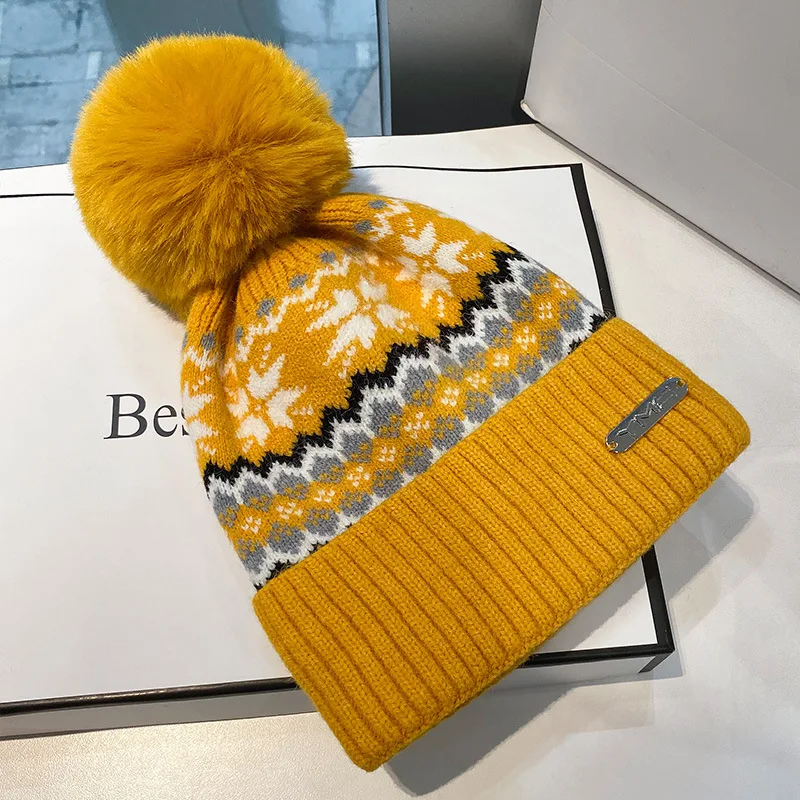 Рождественские облегающие шапки вязаная шапка со снежинками и оленями Женская