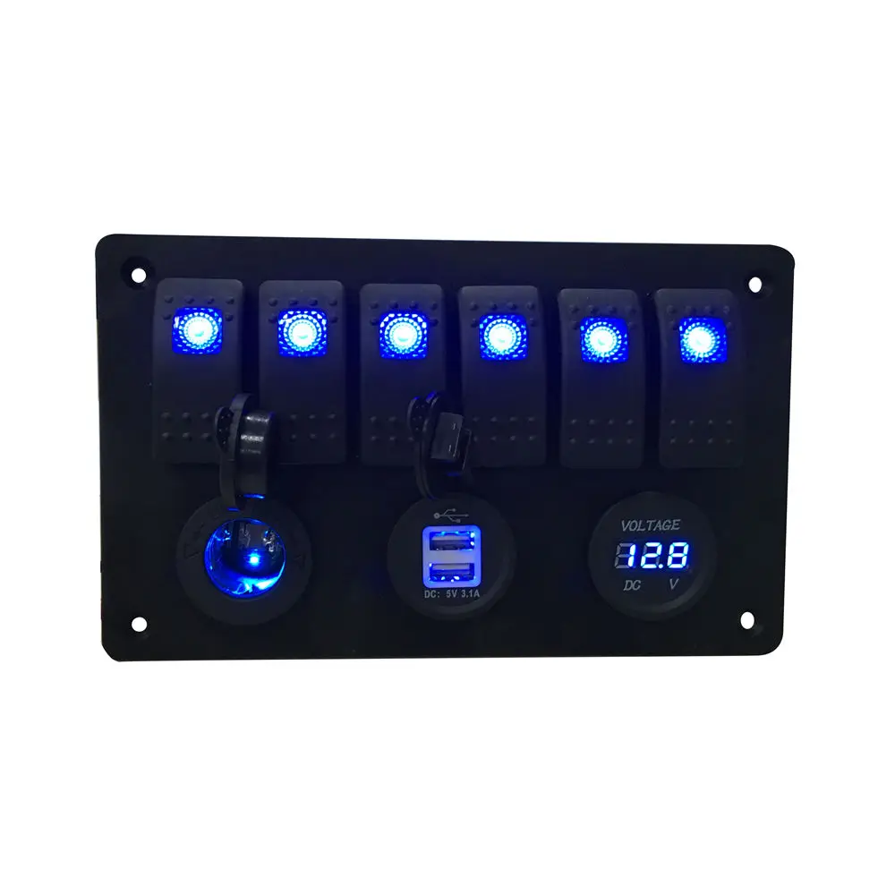 

6 Gang Car ATV Marine Boat Circuit Blue LED Rocker Switch Panel Voltmeter Pack of 1