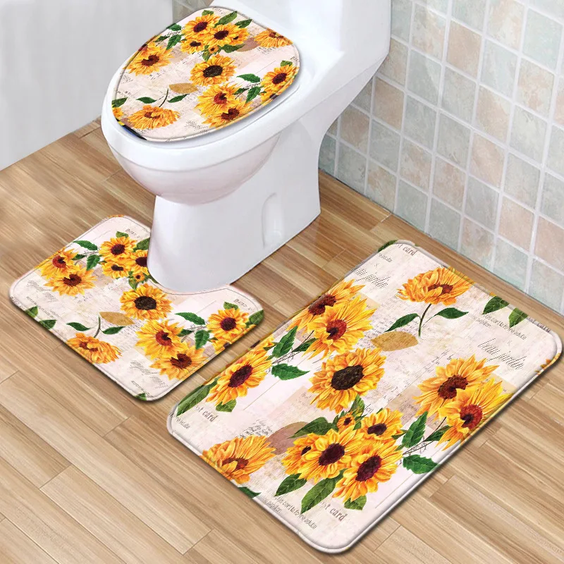 

Sunflower Toilet 3-Piece Floor Mat Bathroom 3-Piece Carpet Door Mat Liner Home Anti Slip Foam Durable Cover Shower Carpets