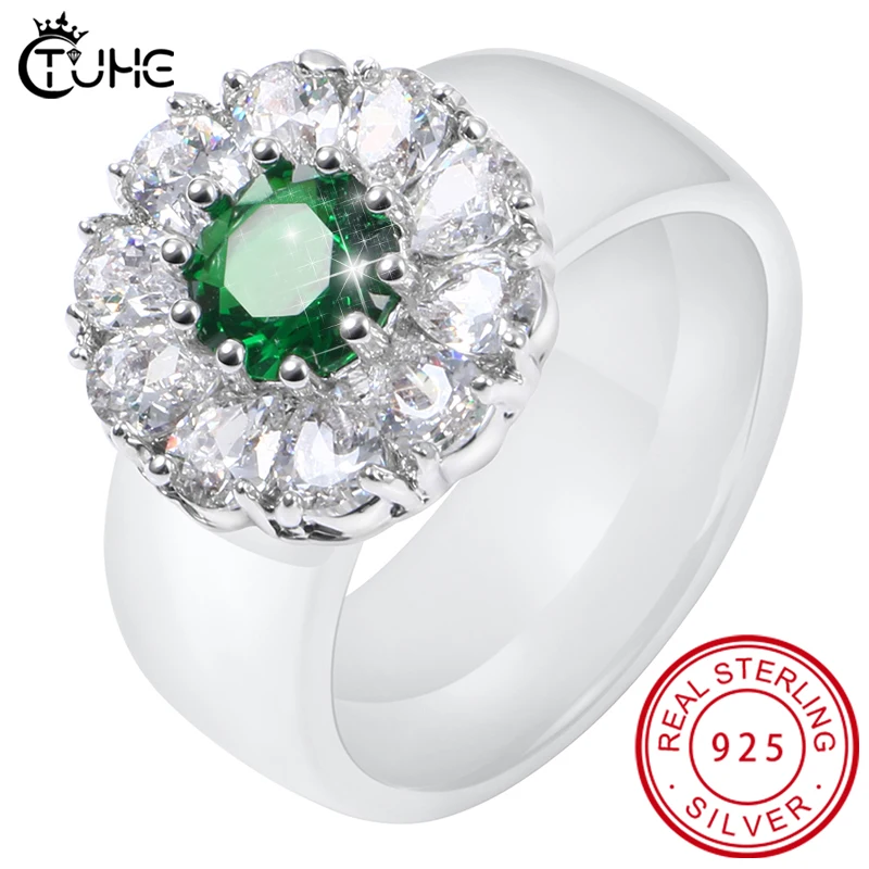 

Luxury Real Solid 925 Sterling Silver Ring 8mm Ceramic Rings Green White Zircon Wedding Jewelry Rings Engagement For Women