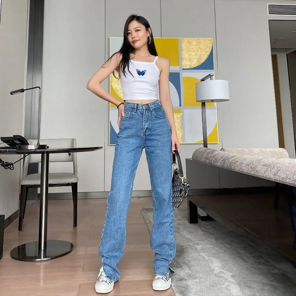 Корейский стиль высокая талия женские прямые широкие джинсы брюки для женщин