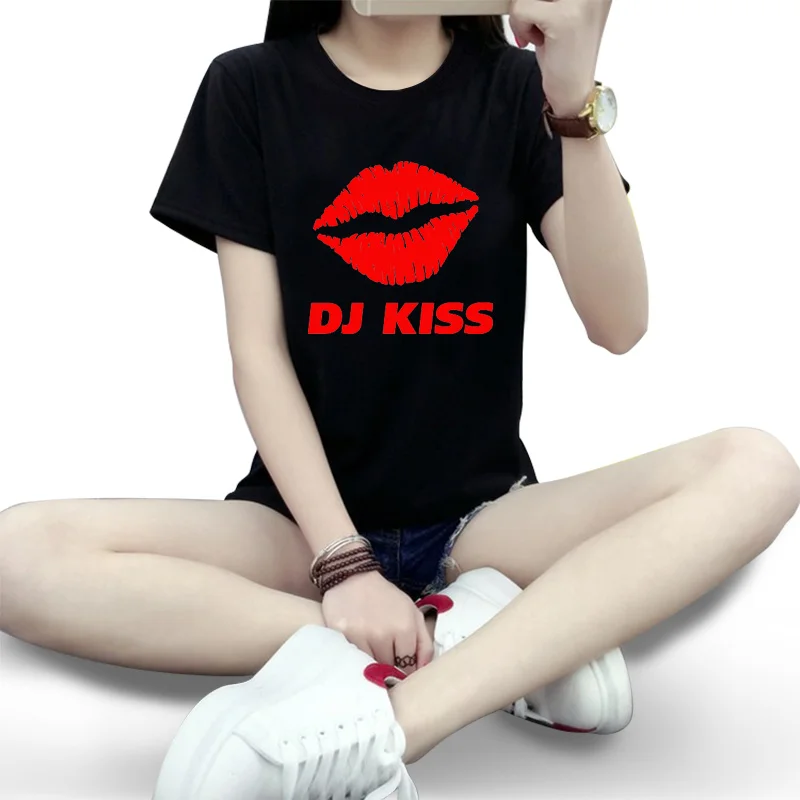 

2019 Summer Short Sleeve Tees Kiss the DJ Cotton Tee Shirts Women Short-sleeve Designer shirts Loose O neck Tops Plus size