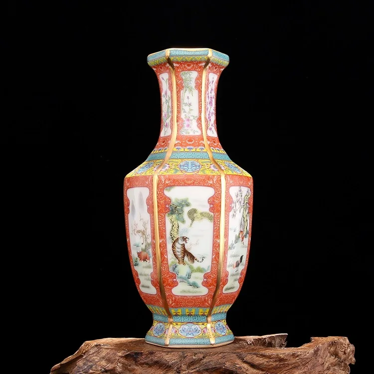 

Enamel Description in Qianlong Year of the Qing Dynasty Golden Zodiac Hexagonal Vase Antique Porcelain