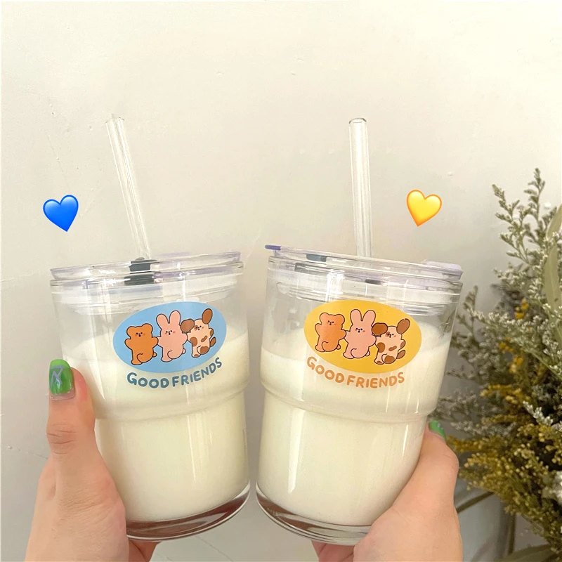 

350ml Cute Bear Glass Water Cup With Straw Lids Transparent Milk Cartoon Coffee Bubble Tea Juice Drinking Cups For Girl Kids