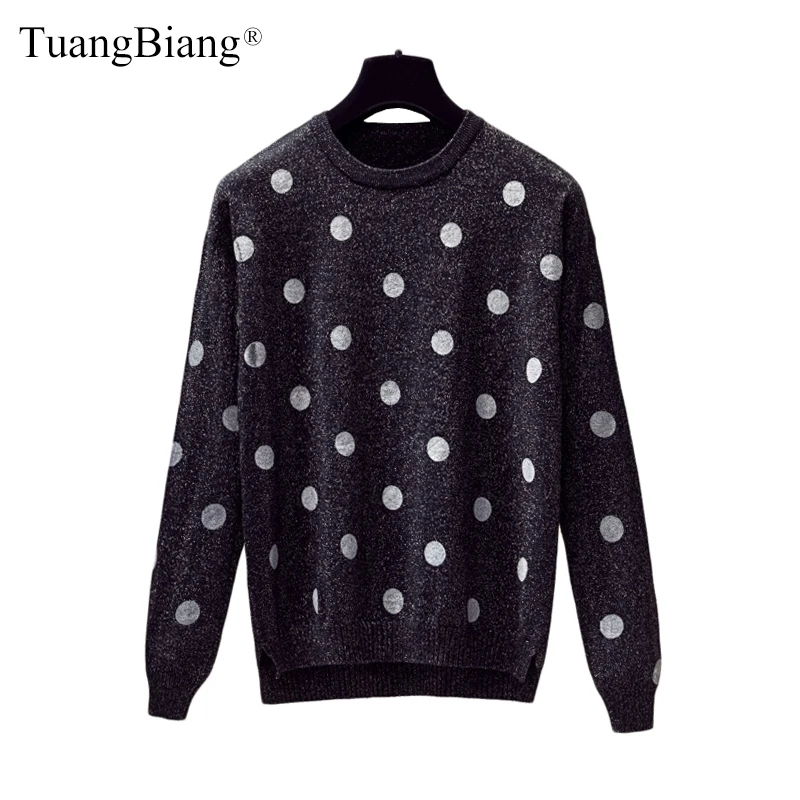 Female Loose Shiny Lurex Knit Thick Sweater Women autumn Winter Long Sleeve Pullovers Femme Round neck Soft Dot Tops jumper 2019 | Женская