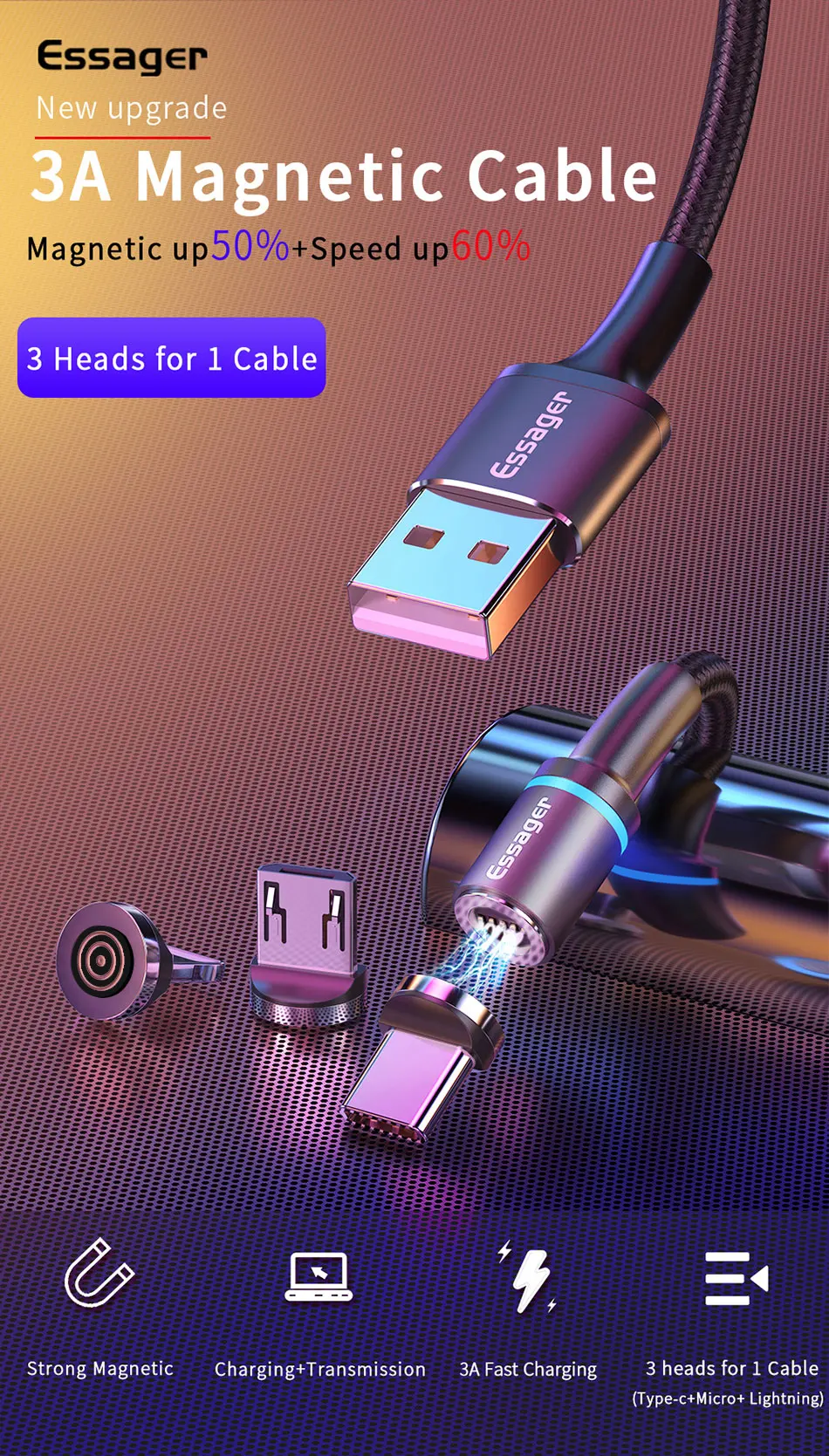 Магнитный кабель Micro USB type C для iPhone samsung Android Быстрая зарядка usb type C кабель 3 м type-C шнур Магнитный адаптер зарядного устройства