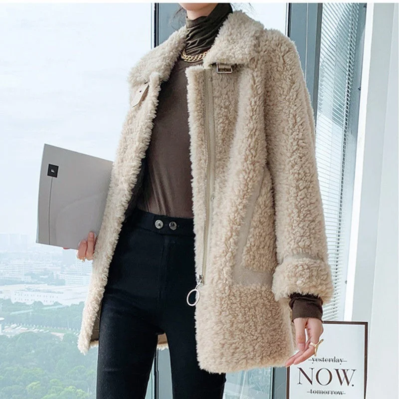 Thick Warm Winter Coat 2022 Women's Elegant Parkas Jacket Real Sheep Shearing Wool Fur Jacket Coat Soft Cashmere h Coat Y798