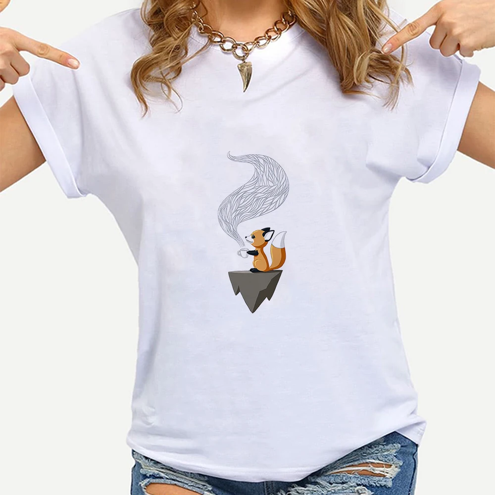 

Women's Short Sleeve T-Shirt Harajuku Style Kawaii Fox Print Clothes Russia Cartoon Graphic Tees Fashion Casual Summer Top Cheap
