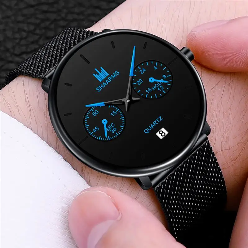 Мужские высококачественные ультра тонкие кварцевые часы из нержавеющей стали с