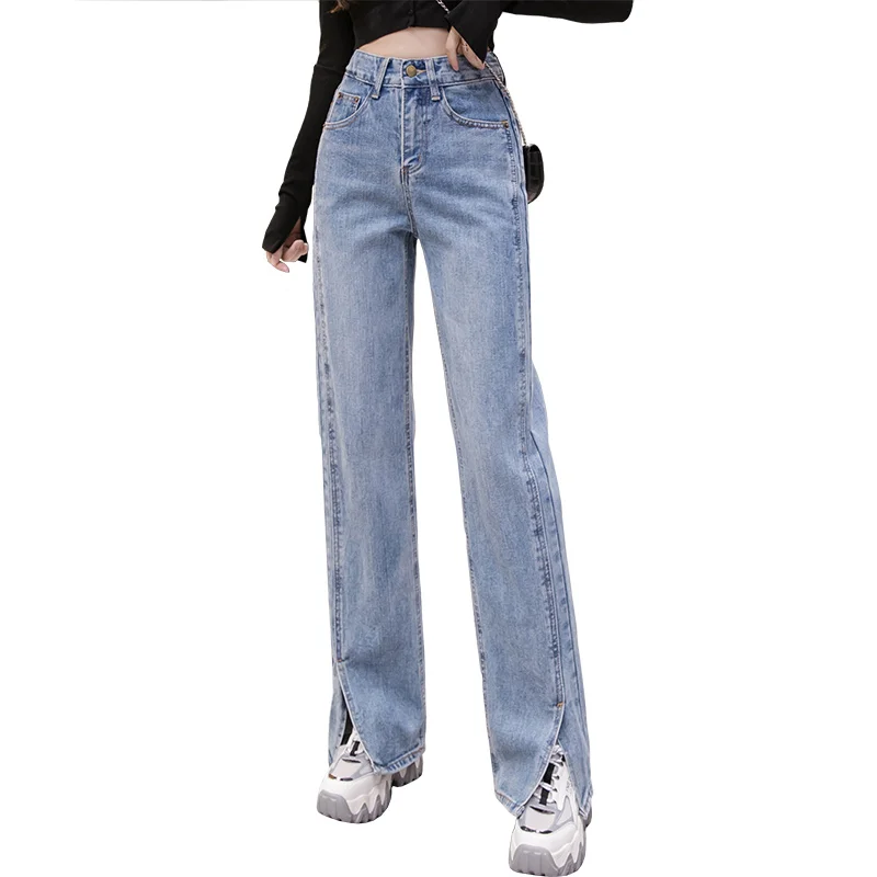 

Women's high waist jeans, jeans, wide legs, blue, retro, spring fashion, Harajuku, straight pants in trouble, 2020