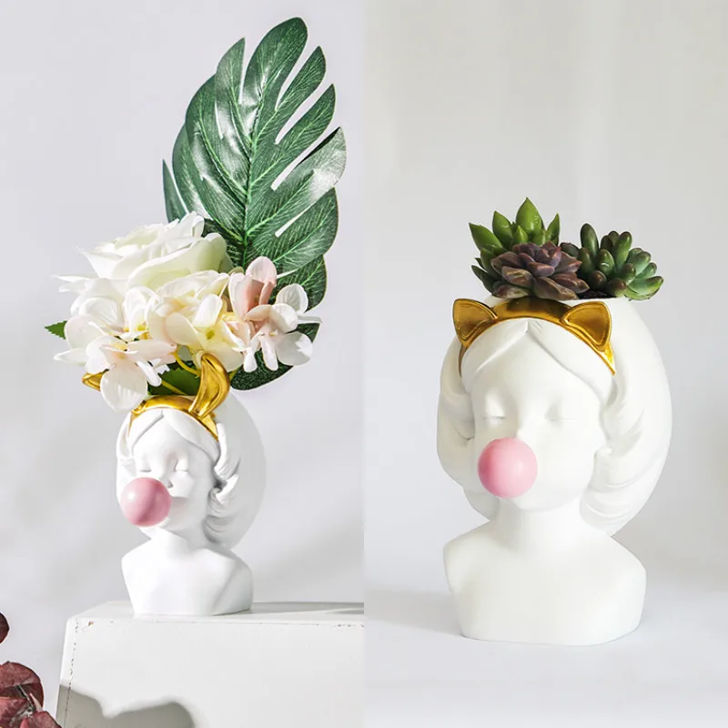 

Nordic Style White Resin Vase Flower Pot Basket Pen Brushes Holder Home Decoration Cute Human Head Flower Vases B