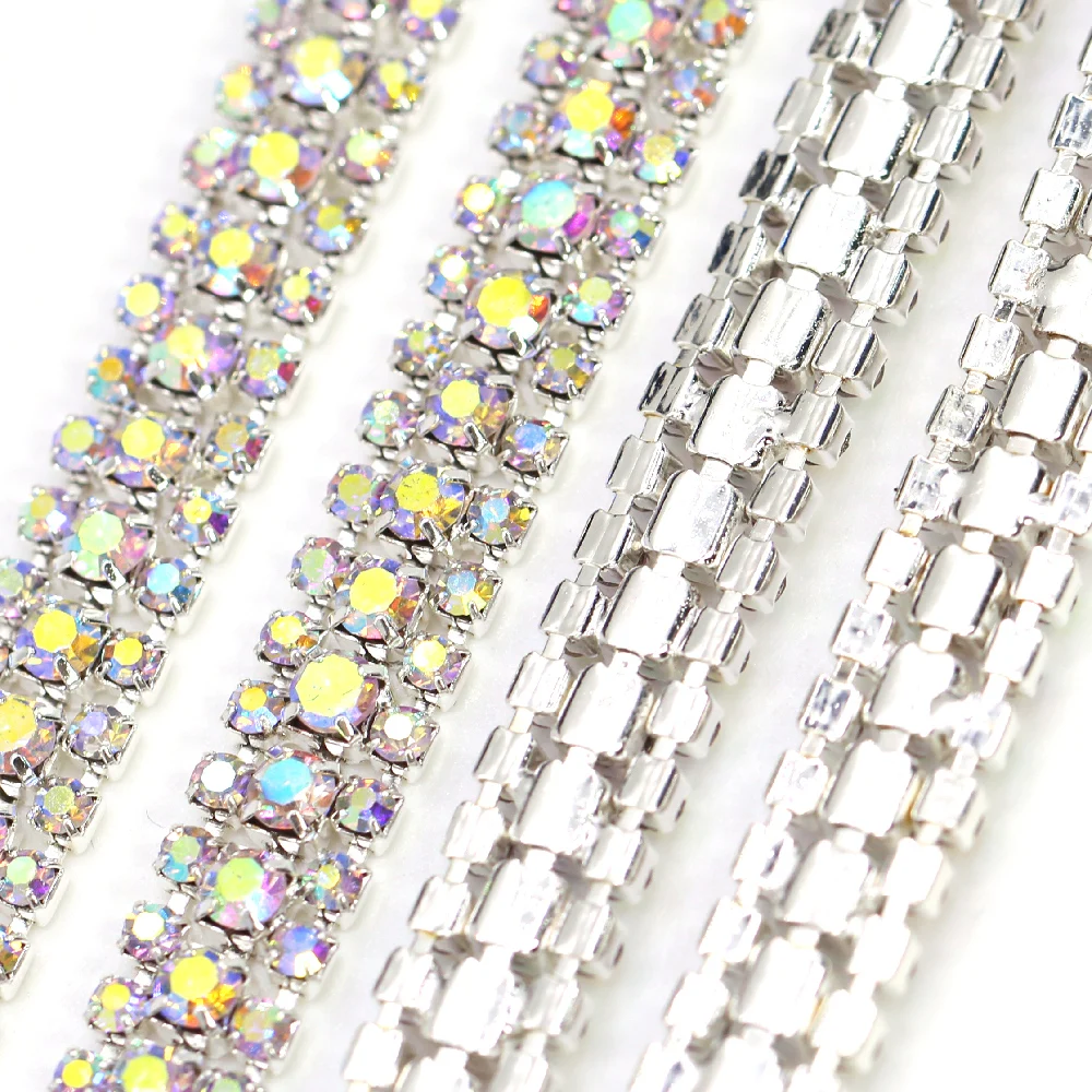 1 ярд 3 ряда стразы в чашке цепочка серебряная основа кристалл AB отделка SS8 + SS16 (2 5