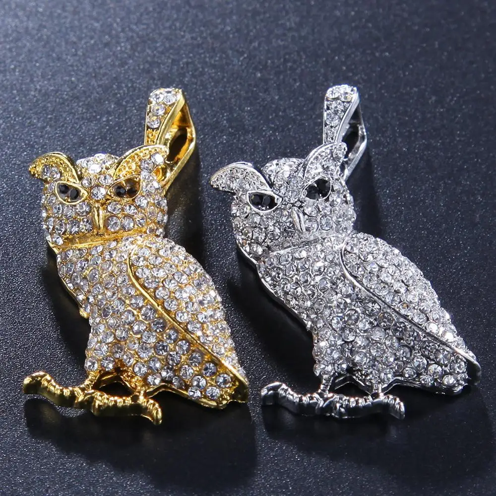 Iced Out Подвески в виде животных Совы Полный Стразы ожерелье с мишурой Золото Серебро Цвет хип хоп рэппер ювелирные изделия для женщин мужские ожерелье s