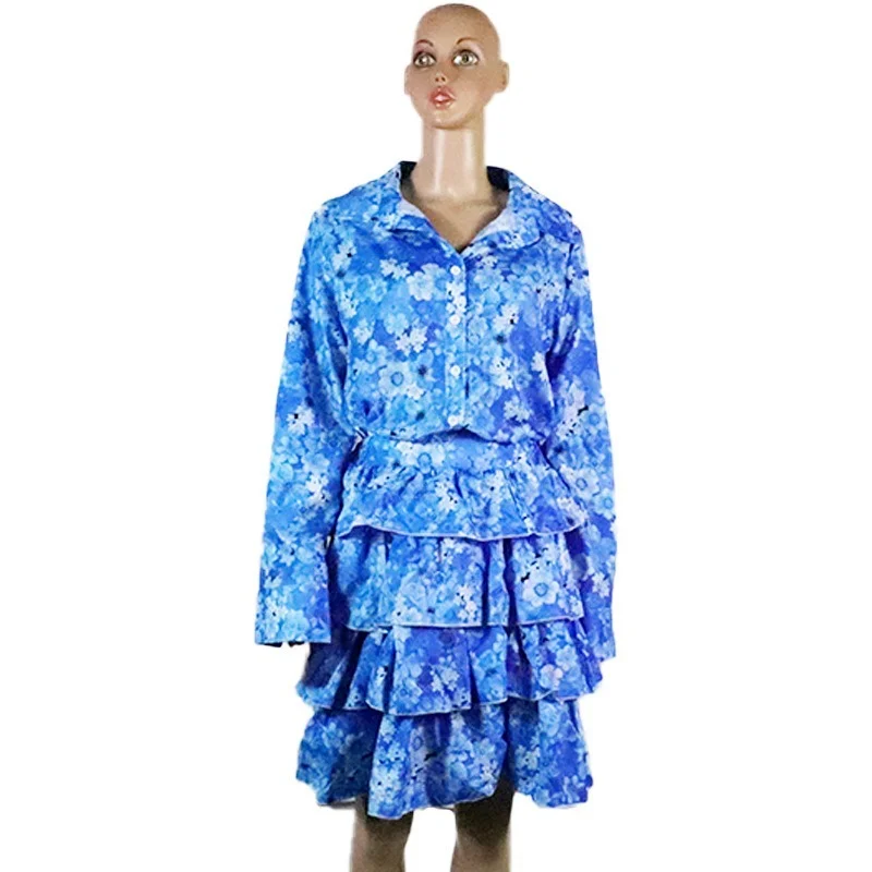 2021 Autumn Winter 2 Piece Women Set Blue Printed Fashion Long Sleeve Shirt Top Pleated Skirt Office Lady Matching Sets |
