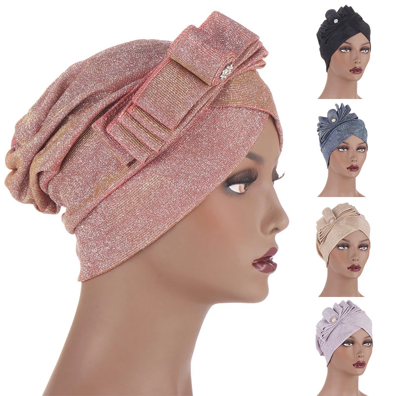 

Ethnic Solid Color Big Flower Headscarf Women Turban Hat Bonnet Glitter India Caps femme musulman Islamic Head wrap