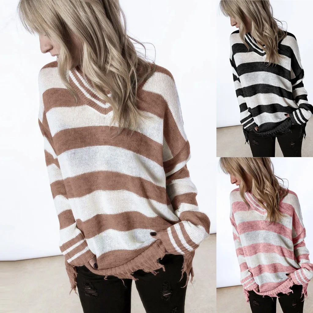 Autumn winter knit sweater women Striped V Neck Pullover Long Sleeve Tassel Hollow Knit Sweaters Jumper Tops jersey mujer#guahao | Женская