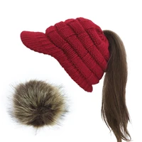 crochet baseball cap ski hat women winter warm knit hat pom pom fur snow ski caps with visor ponytail beanie dropshipping