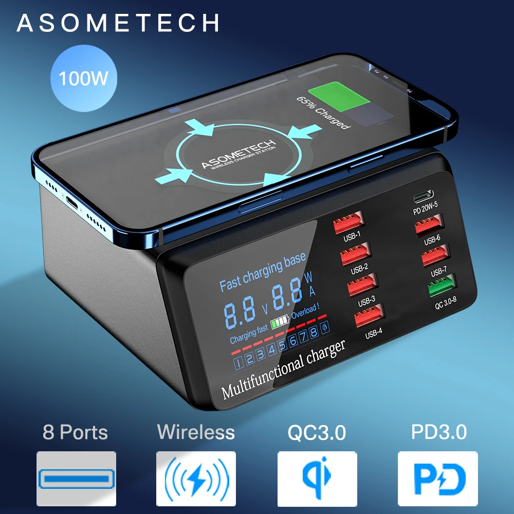 

100W 8 Ports USB Charger Quick Charge 3.0 Adapter HUB Wireless Charger Charging Station PD Fast Charger For iPhone 11 Samsung