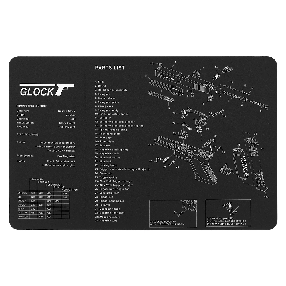 P226 P229 XD 1911 Glock резиновый коврик для чистки пистолета 17 дюймов x 11 с схемой деталей и