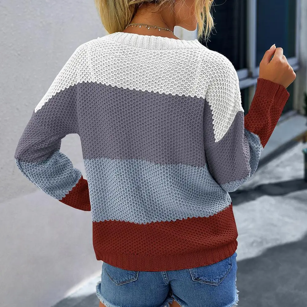 

Women Sweater Casual Striped Color Block Knit Sweater Long Sleeve Loose Pullover Jumper Women's Clothing pull femme 2021