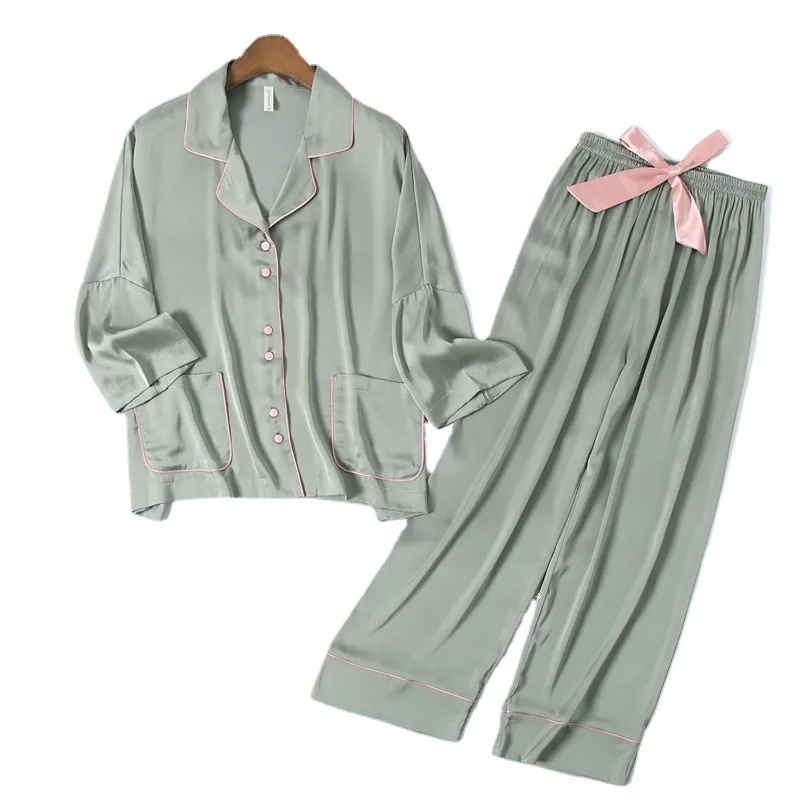 

Женская весенне-летняя новая модель, Женская однотонная Свободная Домашняя одежда, брюки на шнуровке, шелковая пижама, комплект женской оде...