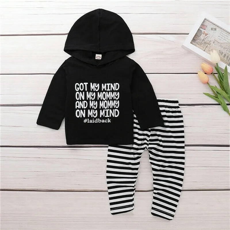 0-24 Months Baby Boys Clothes Set Fall Winter Newborn Toddler Hoodie T-shirt Tops+ Striped Pants Legging Sets Outfits