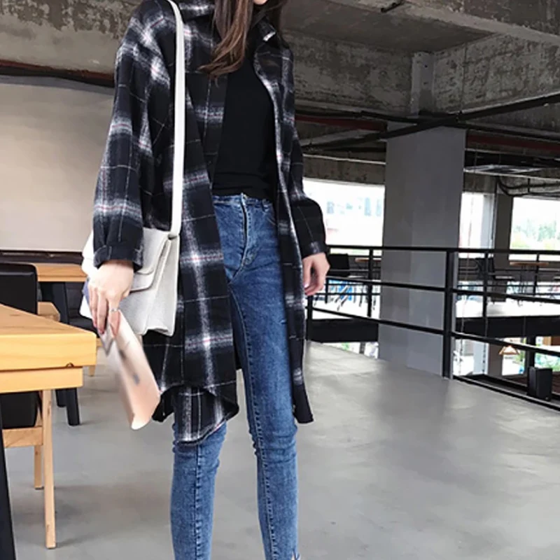 Women Autumn New Retro Loose Black &amp White Plaid Blouse Lapel Long Sleeve Casual Summer Mid-Long Blouses | Женская одежда