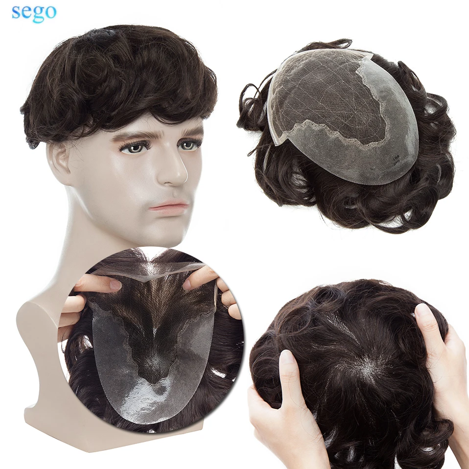 SEGO 6''x8'' Men Toupee French Lace & PU Base Human Hair Patch Indian Hair System Replacement Hairpiece Density 95% Men Wigs