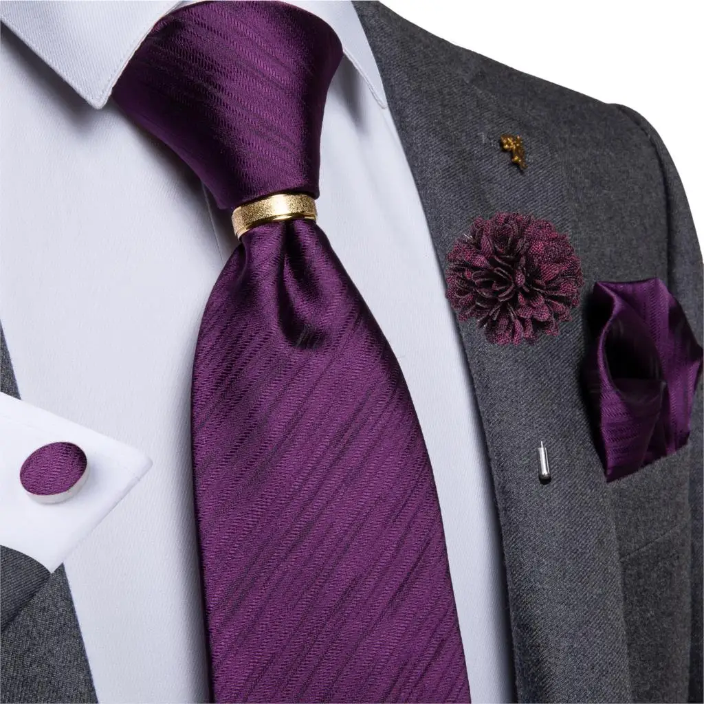 Фиолетовый однотонный галстук, 100% шелковые галстуки для мужчин, карманные Квадратные запонки, брошь, набор, бизнес, Свадебная вечеринка, гал...