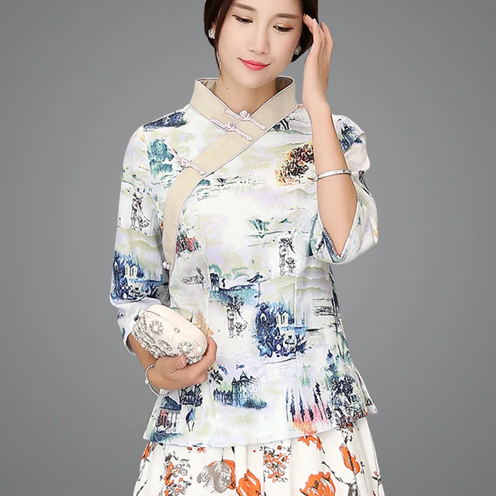 Винтажная Блузка Ципао желтого и синего цвета с цветочным принтом Элегантная