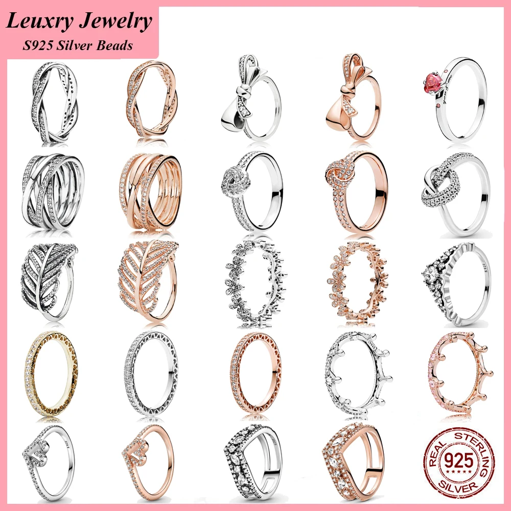 

Leuxry 925 sterling silver Trendy Sparkling Wishbone Heart Bowknot Ring Women Simple Zircon Ring Wedding Party Jewelry Gift