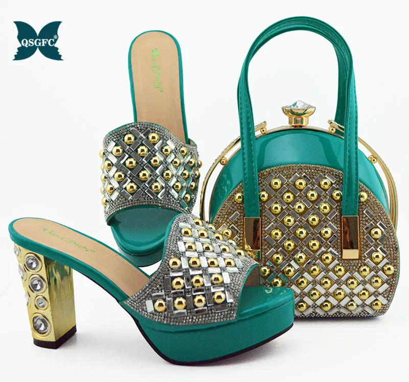 Элегантная Женская обувь в нигерийском стиле и сумочка комплекте сине зеленый