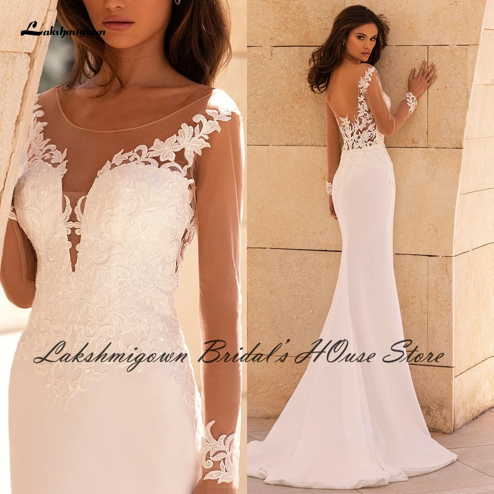 

Lakshmigown арабское женское свадебное платье с длинным рукавом Русалка 2022 атласные халаты гражданское свадебное платье Кружевная аппликация