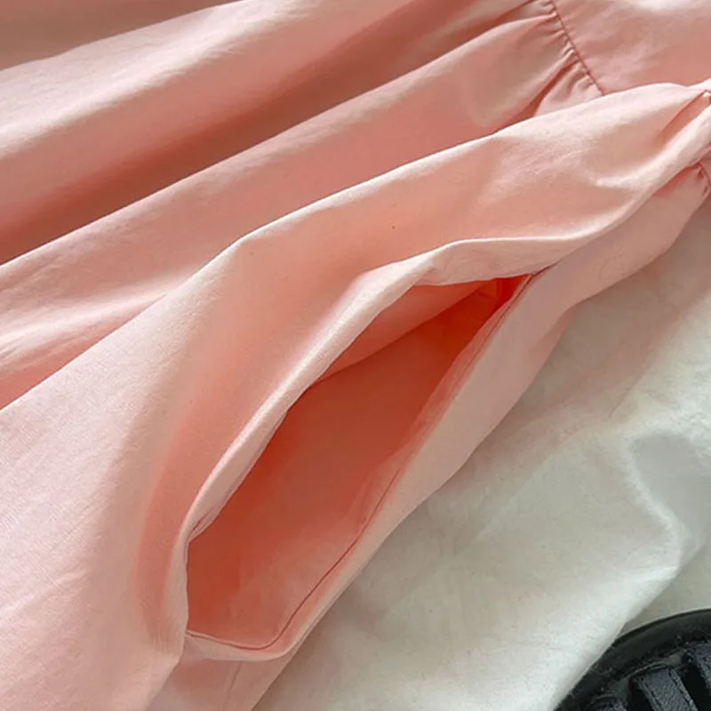 

EBAIHUI Women Puff Sleeve Dress Square Collar 2021 Summer Loose Casual Plain Color Girls Princess Pleated Dresses for Woman
