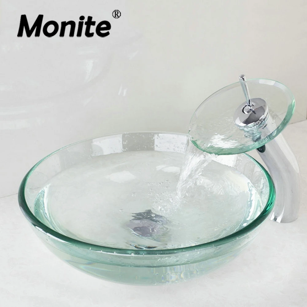 

Monite Round Victory Clear Glass Bathroom Washbasin Sinks Glass Sink W/ Chrome Brass Faucet Set Waterfall Basin Sink