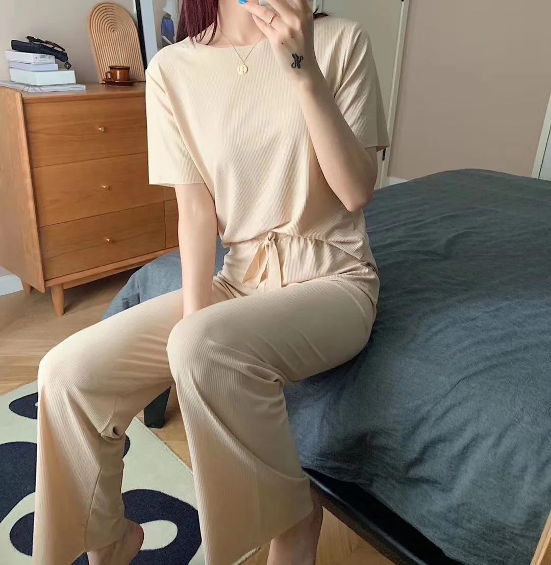 2021 Summer New Women's Pajamas Sets Casual Ice Silk Short Sleeve Solid Color Loose Fashion Home Clothes Female Sleepwear