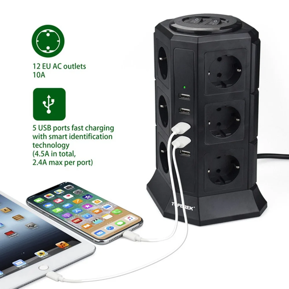 

SCY EU Plug Outlet Power Strip Tower 12 EU Outlets 5 USB Ports 2M Extension Cord with Switch Overload Protector USB Socket