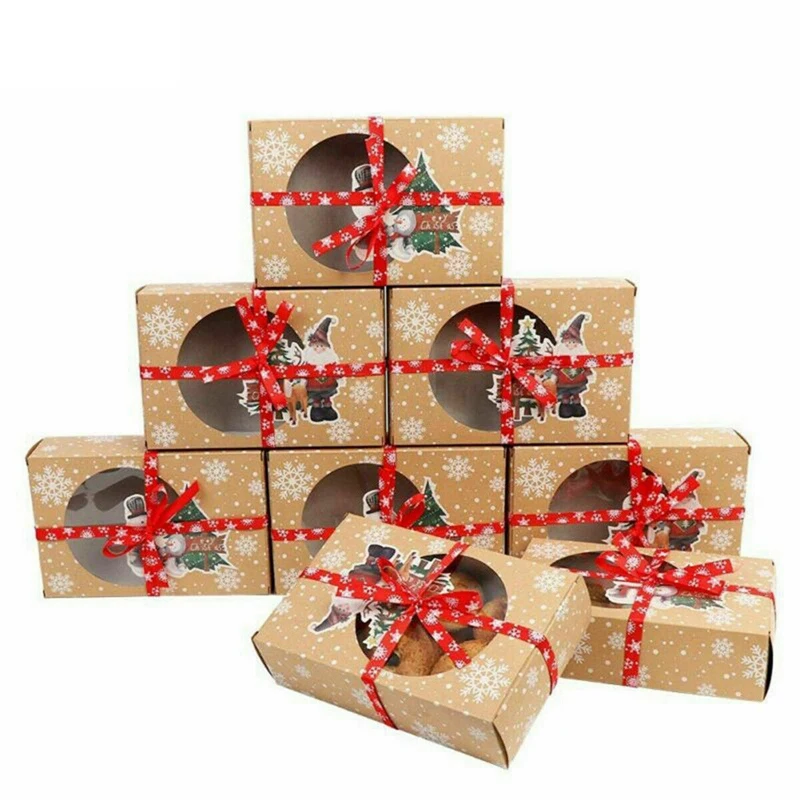 

24 шт., рождественские подарочные коробки из крафт-бумаги для печенья с прозрачным окном 18x12x5 см, коробки для подарков на новый год