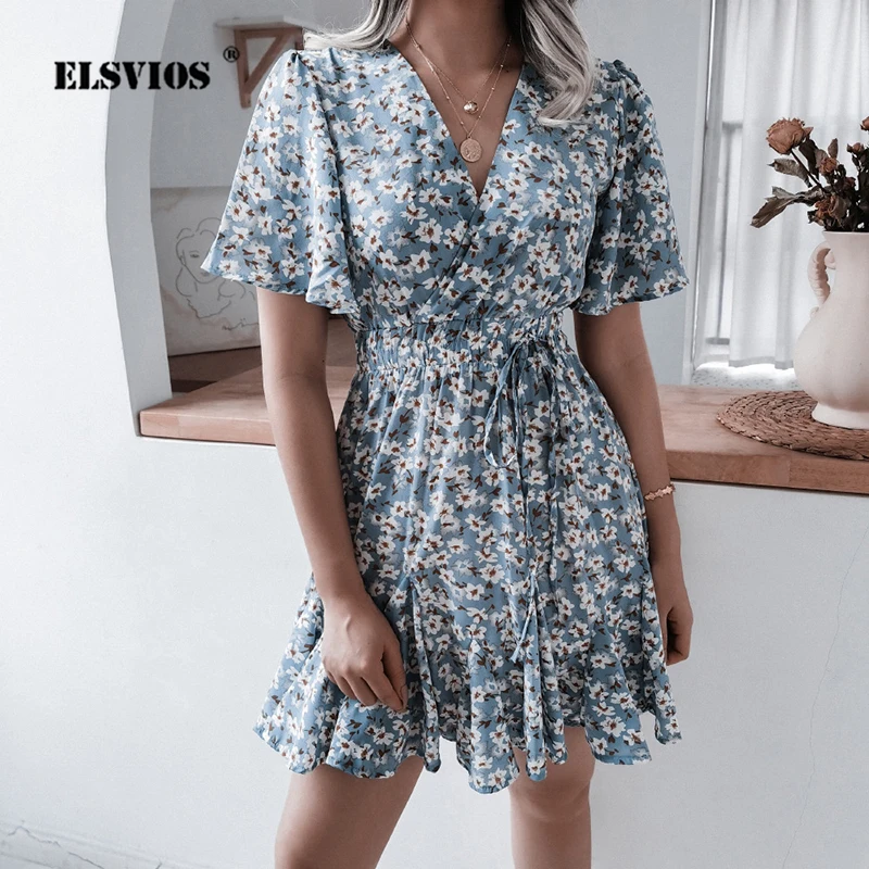

Fashion V Neck Women Party Dress 2022 Summer Elegant Floral Print Waist A-Line Dresses Lady Casual Short Sleeve Ruffle Vestidos