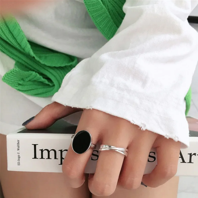 

VENTFILLE 925 Sterling Silver Geometric Oval Black Zircon Double Circle Cross Ring Female Fashion Creative Party Couple