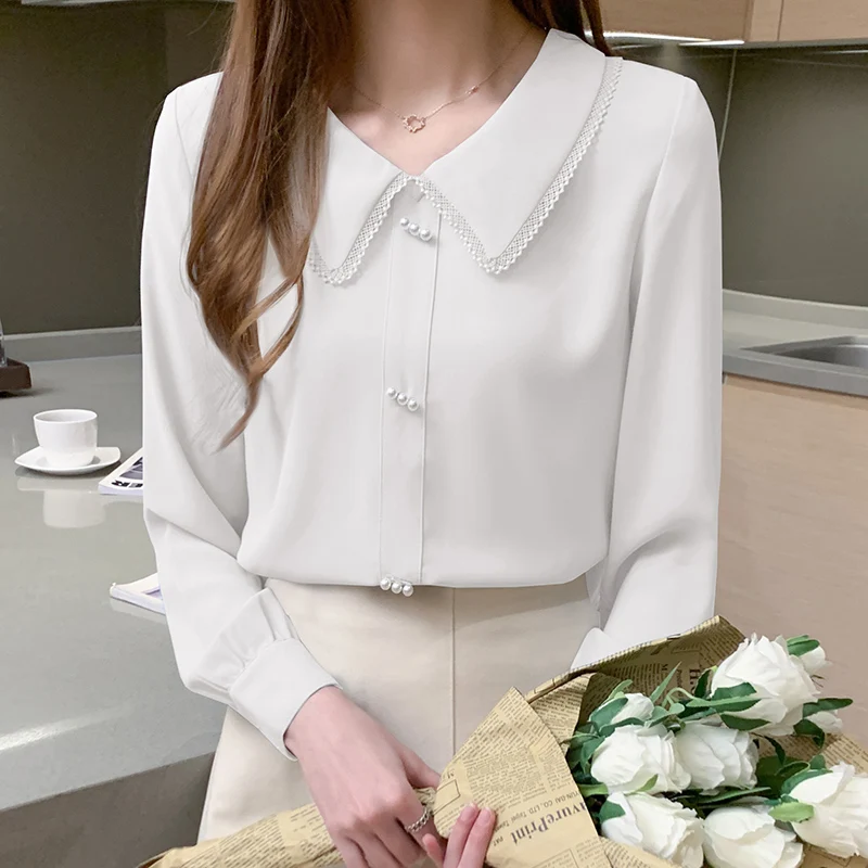 

blouse long sleeve blusas mujer ladies elegant plus size tops 2021 autumn women's chiffon shirt sweet lace trim peter pan