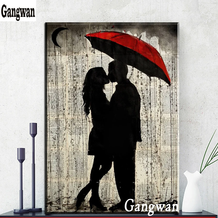 مظلة أحمر أسود أبيض لوحة ماسية زوجين تقبيل كامل التطريز بيع فسيفساء الماس الديكور الزفاف