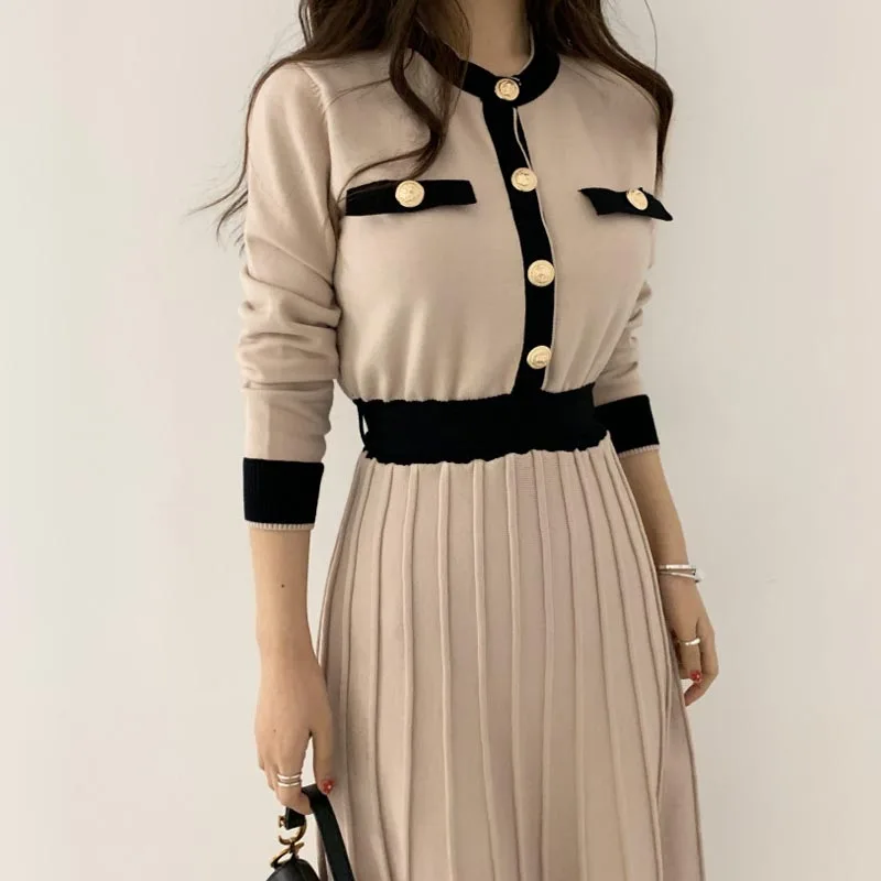 

Korean Ladies Knitted Sweater Dress 2020 Winter Fashion Lady Knit Dress One-Piece Women'S Long Sleeve Pleated Dresses Long Dress