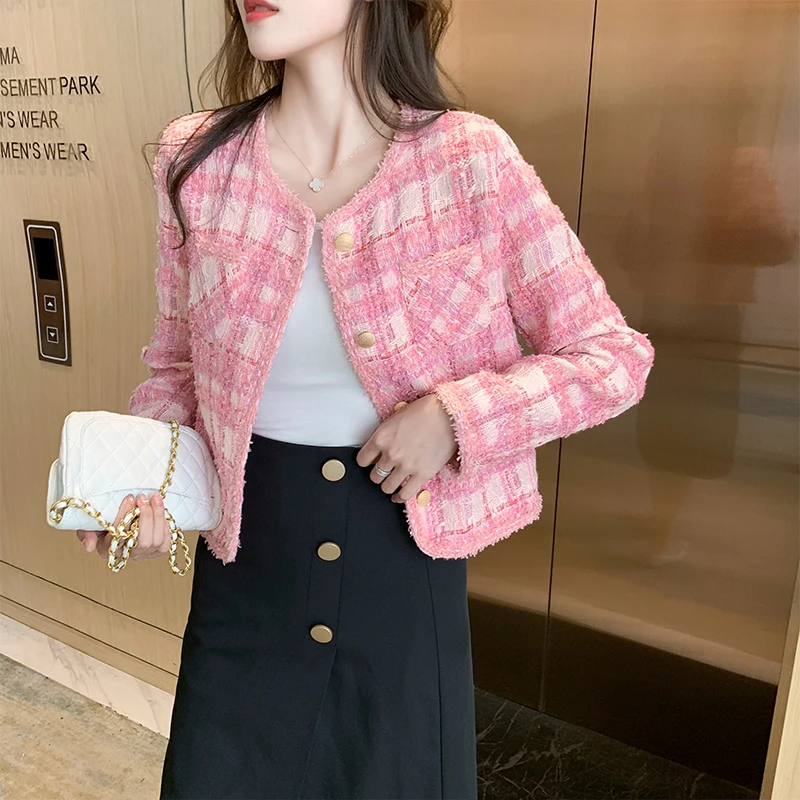 

Женская твидовая куртка в клетку, розовая элегантная офисная куртка на пуговицах с круглым вырезом и длинным рукавом, верхняя одежда на осе...