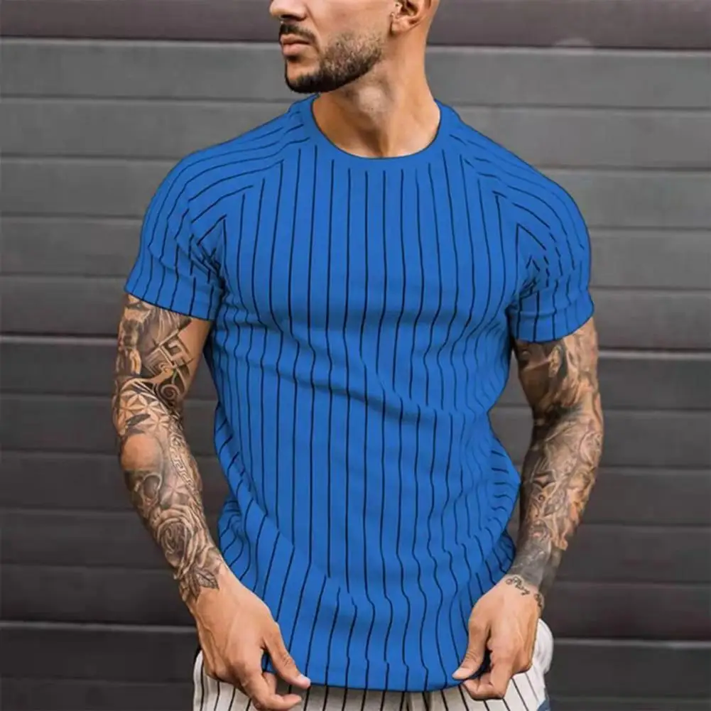 

Summer Men T-shirt O Neck Vertical Stripes Short Raglan Sleeve Loose T-shirt Fashion Casual Work Tops Men Clothing Streetwear