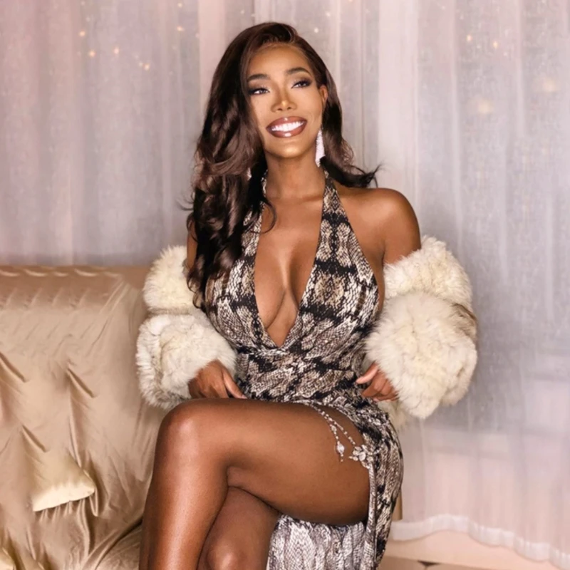 

Women's Summer Snakeskin Print Creative Temperament Sexy V-neck High Waist Off-the-shoulder Halter Side Slit Sleeveless Dress
