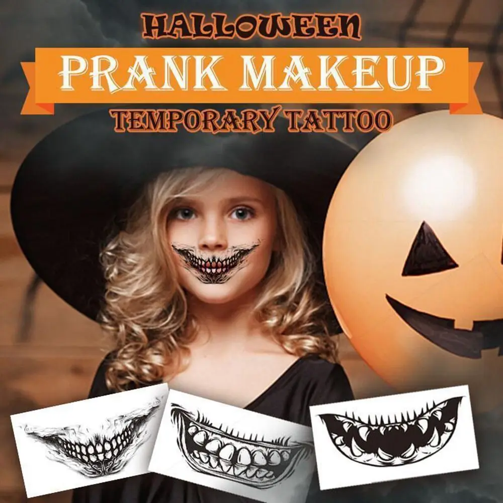 

10PCS Face Temporary Tattoo Sticker Prank makeup Waterproof Mouth Teeth DIY Halloween Cosplay Party Decoration