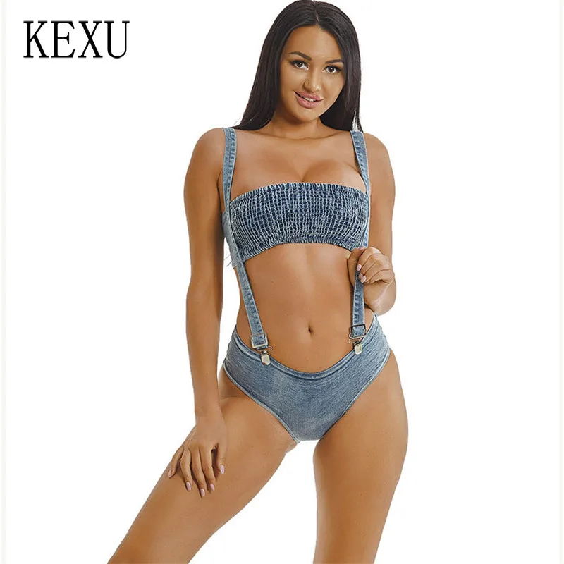 

KEXU Cowboy Swimsuits Bikinis Two Piece Suits Off Shoulder Breast Wrap Sleeveless Top and Bandage Panties Party Streetwear