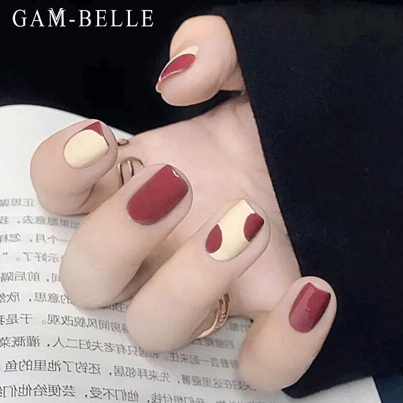 

Искусственные ногти с винно-красным геометрическим узором и клеем, квадратные искусственные короткие накладные ногти, съемный пресс, инстр...