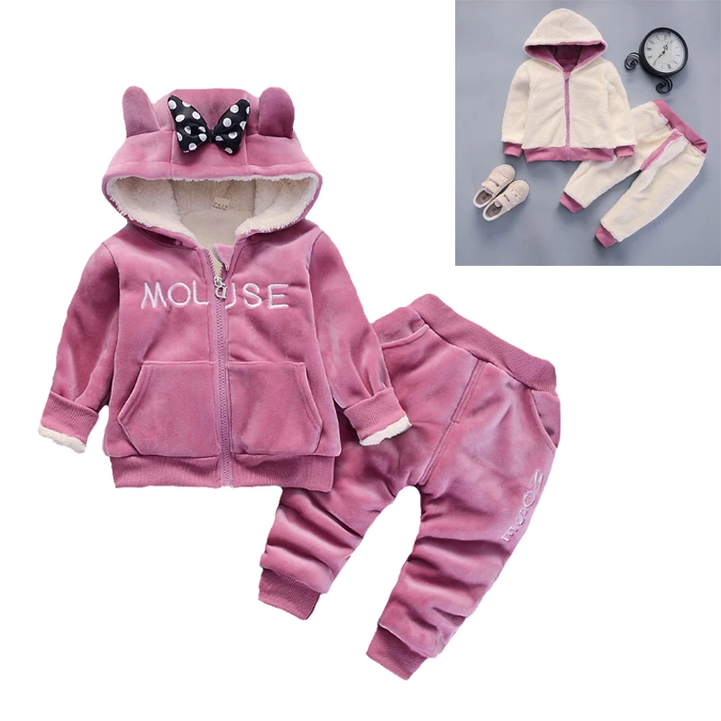 

Mouse Girls Clothing Sets Winter Keep Warm Plus Velvet Thickening Bear Boy Clothing Set Hooded Zipper Jacket And Pants Kids Suit